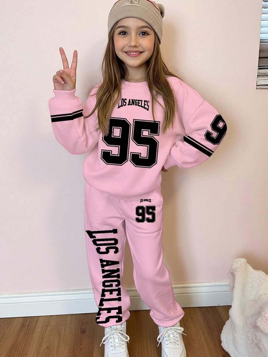 SHEIN Leap Crew 两件套休闲街头风黑粉撞色复古时尚街头字母数字95印花赛车服套装,适合秋冬季、街头风、嘻哈风、少女休闲简约加厚柔软宽松圆领长袖套头卫衣套装,适合秋冬季日常穿着、运动、校园 - 彩色 - 查看 1