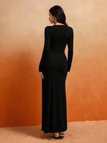 Almamuse 女士时尚性感深V紧身连衣裙 - 黑色 - 查看 2