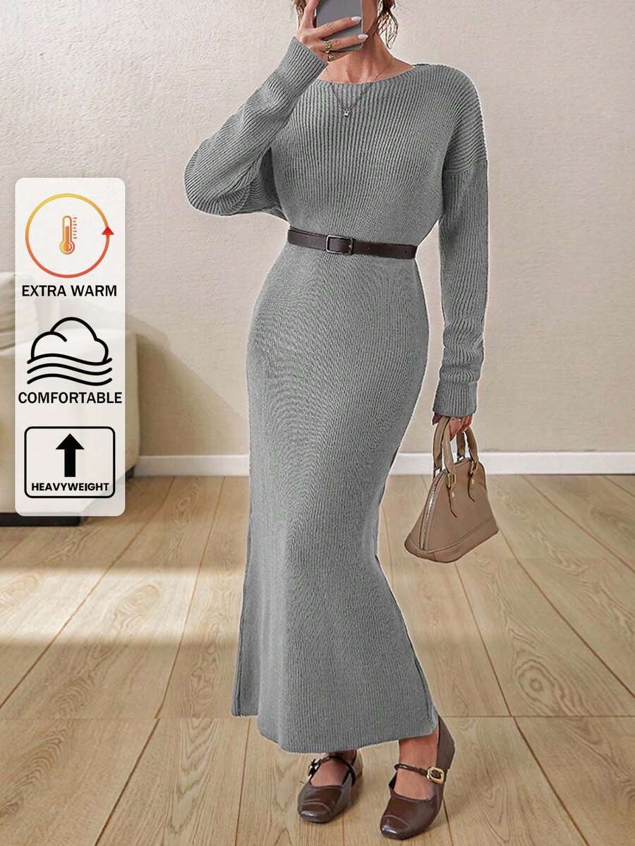 EURMUSE Boat Neck Ribbed Knit Midi Dress – Earthy Brown | Oversized Fit With Textured Stitch - Grey - View 1
