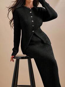 EURMUSE Women's Solid Color Front Open Ribbed Knit Cardigan And Skirt Set - Black - View 6