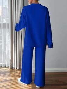 EURMUSE Women Button Detailed Sweater And Pant Set - Royal Blue - View 2