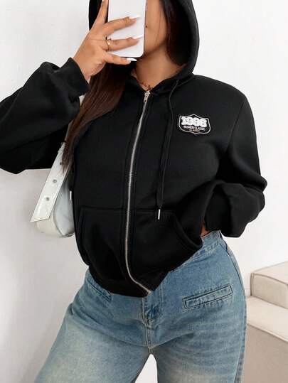 POPSWAY Sudadera casual de forro polar con cremallera y manga larga con estampado sencillo, talla grande