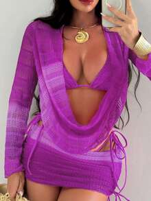 Swim SXY 4pcs Women's New Spaghetti Strap Backless Top, Shirt With Side Tie, Tie Side Swim Shorts, And Sexy Bikini Set Set - Purple - View 5