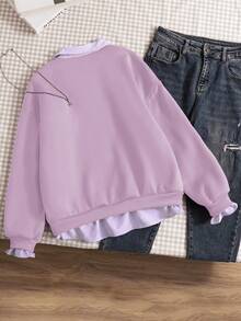 Teen Girl Casual Pullover Sweatshirt, Versatile For School & Commute, 2 In 1 Sweatshirt With Shirt Collar, Numeric & Letter, Leopard Print Pattern, Loose Fit - Purple - View 2