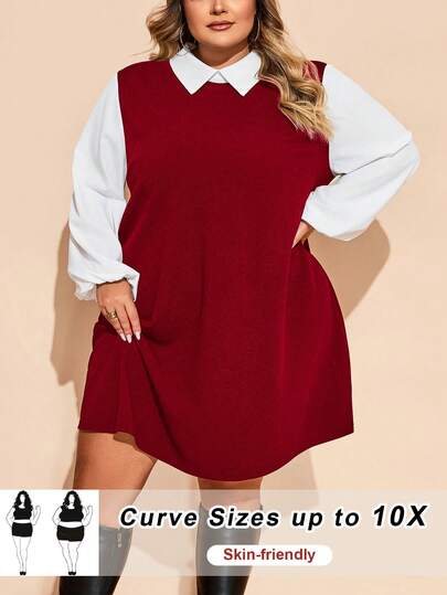 SHEIN CURVE+ Plus Size Women Colorblock Long Sleeve Dress, Autumn