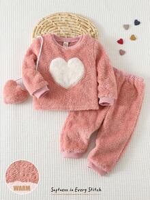 Cozy Pixies 2件套女婴爱心图案加厚抓绒圆领长袖卫衣和松紧腰裤套装；3件套女婴加厚抓绒卫衣套装；可爱迷你背包卫衣套装 - 粉色 - 查看 1