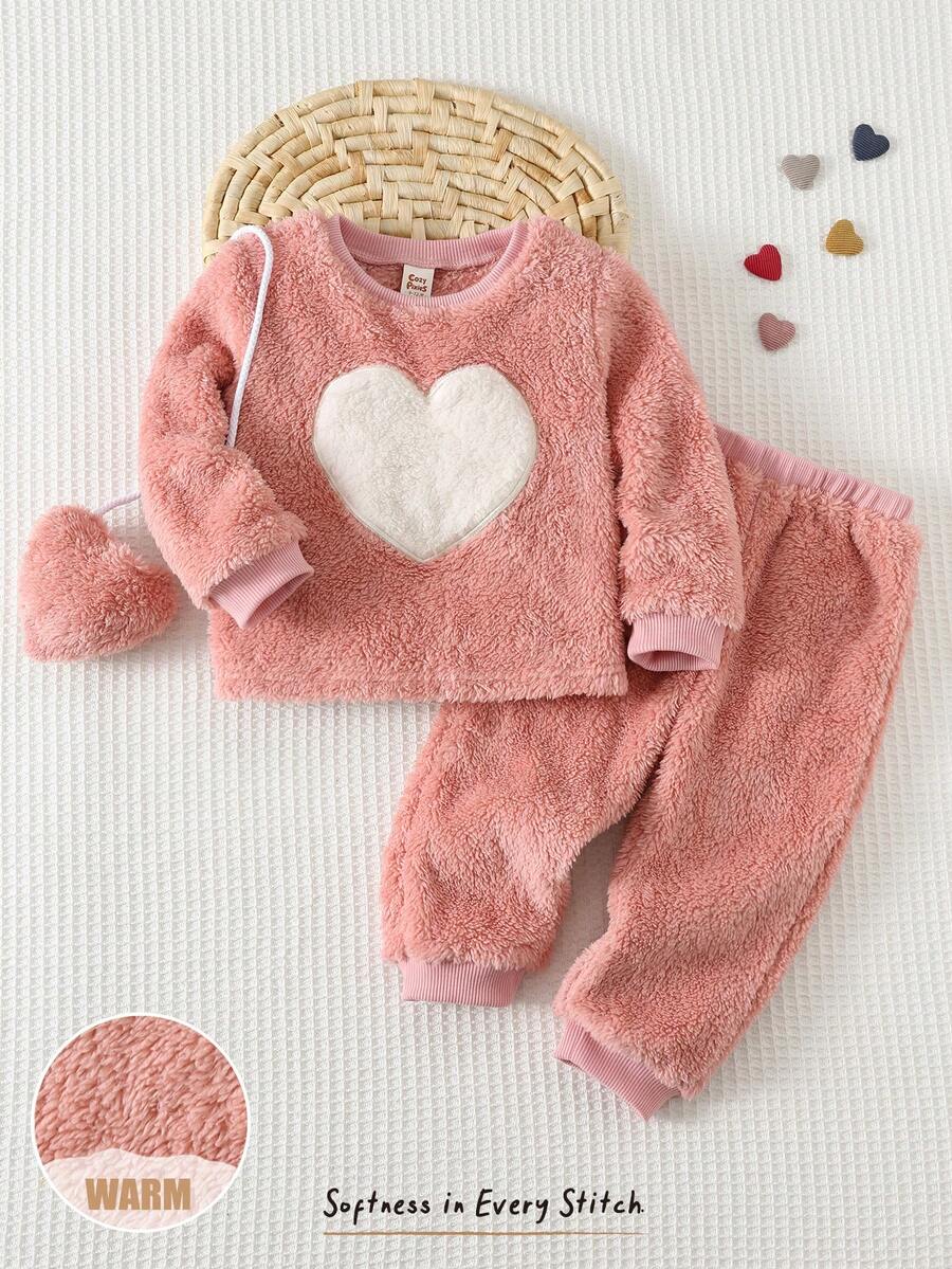 Cozy Pixies 2件套女婴爱心图案加厚抓绒圆领长袖卫衣和松紧腰裤套装;3件套女婴加厚抓绒卫衣套装;可爱迷你背包卫衣套装 - 粉色 - 查看 1