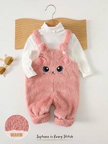 Cozy Pixies 2 Stücke Baby-Mädchen-Set mit Cartoon-Tiermuster: Weiches Strick Top mit Rundhalsausschnitt und langen Ärmeln, passendes Langarm-Pullover-Top und Latzhose. Herbst-/Winter-Set für Babys: Niedliches Katzen-Outfit für Kleinkinder, warme Babykleidung für Mädchen, lässiges Baby-Set. - Pink - Übersicht 3