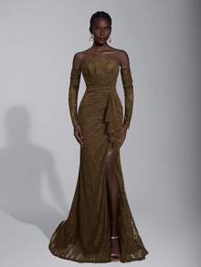 Elitara Elegant Luxurious Stretchy Lace Off-Shoulder Strapless Dress With Detachable Sheer Sleeves, Ruffle Hem And Sexy Slit, Suitable For Weddings, Events, Parties, Vacations, Galas, And Formal Occasions, Valentine's Day - Olive Green - View 4