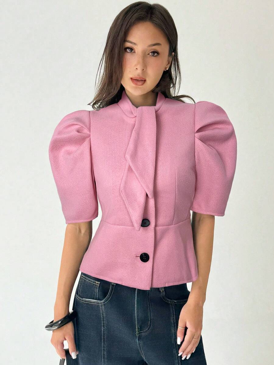 Aloruh 优雅纯色泡泡袖西装外套，适合通勤 - 粉色 - 查看 1