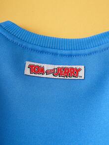 TOM & JERRY X SHEIN Baby Boy Cartoon Jerry Mouse & Cheese Print Knit Crew Neck Drop Shoulder Loose Patchwork Contrast Color Sweatshirt & Pants Set, Autumn/Winter Cartoon Baby Clothes - Blue - View 7