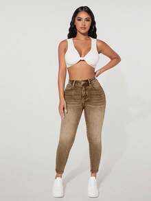 EMERY ROSE جينز نسائي عادي مغسول ذو خصر عالي وقصة ضيقة - قهوة بني - مشاهدة 4