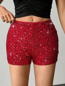 SHEIN Tall Short femme de couleur unie, à la mode, avec des paillettes, coupe slim. Idéal pour les fêtes, Noël, mariage, Nouvel An, Thanksgiving, automne/hiver - Rouge - Voir 5