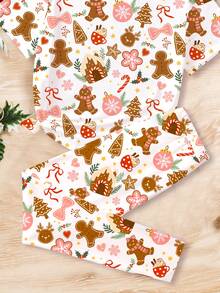 SHEIN 少女休闲卡通圣诞可爱圣诞老人、姜饼人、雪人、圣诞树、铃铛、拐杖糖、雪花印花短袖圆领T恤和打底裤睡衣套装 - 彩色 - 查看 6