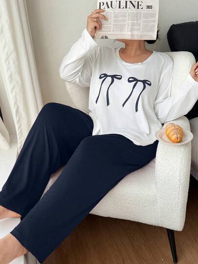 SHEIN 大码女式蝴蝶结印花薄款长袖睡衣套装，秋冬季休闲家居服