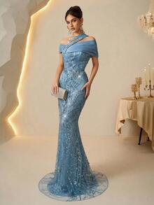 Coutiva Váy dạ hội dự tiệc dáng đuôi cá hở vai lệch vai, chất liệu satin chắp vá đính hạt sequin thời trang thu đông thanh lịch, thích hợp cho khách dự tiệc cưới, lễ tốt nghiệp, váy sinh nhật, lễ hội âm nhạc - Màu xanh lam - Xem 7