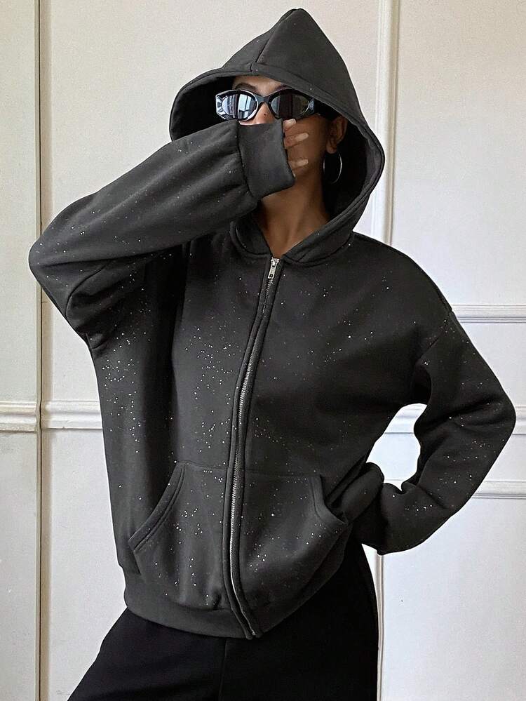 Women's Autumn/Winter Dropped Shoulder Long Sleeve Zipper Front Pocket Casual Sweatshirt Hoodies
