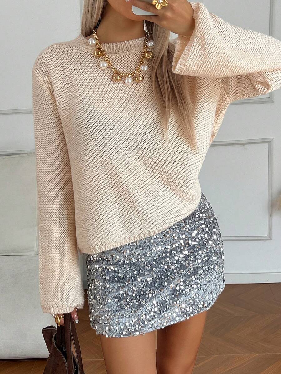 Livesso Áo len cổ tròn sequin thường ngày cho nữ, mùa thu - Màu be - Xem 1