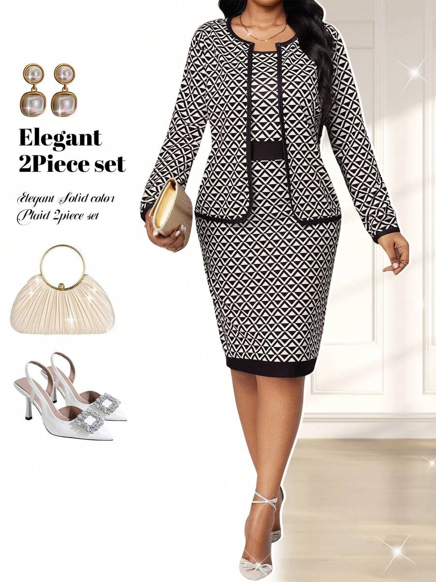 Fleurora Plus Size Women Elegant Party Dress & Jacket 2 Pieces Set - Multicolor - View 1