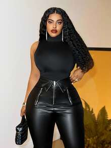 Slaydiva 2025 Autumn/Winter New Arrival, Elegant & Streetwear & Casual & Party & Gathering & Music Festival, Slim Fit Solid Black Pants With Zipper Decor, Asymmetrical Waistline, Ankle Slit, Skinny Leg, PU Coated Fabric, Stretchy Material, Plus Size Long Pants - A - Black - View 5