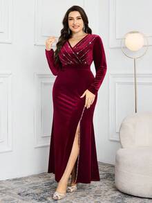 Modelyn Vestido elegante con abertura alta y adornos de strass para tallas grandes - Burdeos - Ver 5