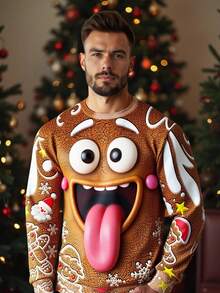 Manfinity Homme 男士圣诞休闲仿毛皮3D姜饼人和雪花圣诞老人抓绒印花保暖套头卫衣 - 彩色 - 查看 6