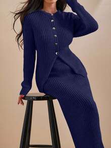 EURMUSE Conjunto de cardigan y falda de punto acanalado con botones delanteros de unicolor para mujer - Azul Marino - Ver 5
