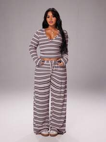 Rustia Maglietta a righe scollo a V oversize da donna, stile vintage casual e confortevole, adatta per autunno/inverno