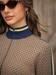 Activina Women's Fashionable Geometric Pattern Knit Sweater, Autumn