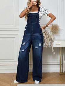 EMERY ROSE Women's Casual Distressed Dark Wash Blue Loose Straight Bib Overalls - Dark Wash - View 3