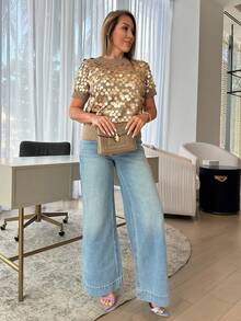 Cioccolato Women's High Waist Loose Distressed Wide Leg Jeans - Blue - View 5