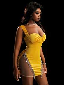 Amplova Sukienka mini z odkrytymi plecami i ozdobnym łańcuchem ze strasami, seksowna i przezroczysta - Żółty - Zobacz 4