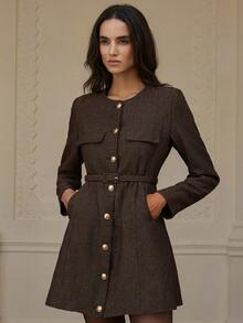 Aveloria Rosie 休闲经典系带人字纹长袖连衣裙 - 棕色 - 查看 5