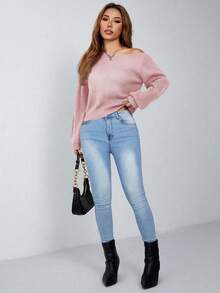 SHEIN PETITE 女款灰粉色針織套頭毛衣，落肩不對稱領口休閒上衣，適合秋冬冬季約會，時尚女裝，適合嬌小女性 - 粉色 - 查看 6