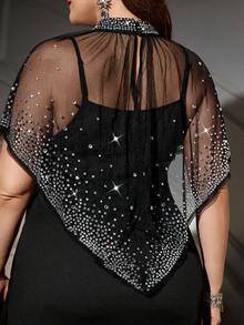 SHEIN Clasi Große Größen Damen Zweiteiler: Eleganter Schal mit Strass-Verzierung und schwarzes Kleid, perfekt für Partys und Veranstaltungen. Herbstmode für Damen in Große Größen, elegante Kleidung, Festtagsoutfit, Damen Partykleid, Weihnachtsparty Kleid, Damen Festkleid, Partykleid, Weihnachtsparty Kostüm. - Schwarz - Übersicht 8