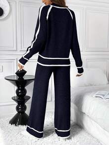 SHEIN LUNE 2件套女士休闲宽松撞色毛衣套装 - 藏蓝色 - 查看 2