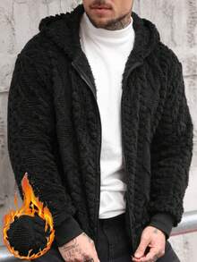 Manfinity CasualCool Men's Coral Fleece Warm Hoodie Sweatshirt For Winter Black Hoodie Men Black Hoodie Men Zip Up Winter, Long Sleeve Top - Black - View 4