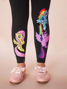 My Little Pony X SHEIN 大码高腰弹力小马印花打底裤 - 黑色 - 查看 5