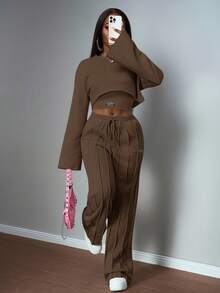 Slaydiva 2025 秋冬休闲百搭街头通勤长袖上衣和裤子女款三件套运动套装，白色和灰色纯色 - 棕色 - 查看 3