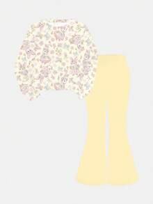 SHEIN Happikins 可爱田园兔子花卉印花、郁金香蝴蝶结印花、压花套装、波西米亚野花、植物套装、复古植物套装、粉彩花卉自然套装、波西米亚风女婴休闲简约针织柔软套头衫套装，适合秋冬季节，街头复古风，舒适易穿，女婴秋季叠穿，时尚女婴，休闲装，女婴图案服装，秋季服装，舒适易穿，户外野餐，郊游，街头风，居家 - 彩色 - 查看 2