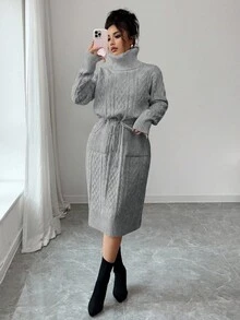 SHEIN Elenzya 女士纯色系带口袋优雅毛衣连衣裙 - 灰色 - 查看 1