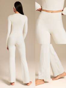 GLOWMODE 31英寸 感受喇叭形柔软罗纹高腰喇叭紧身裤 瑜伽普拉提工作室 日常休闲装 - 米色 - 查看 9