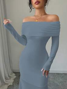 Rafferiza 性感优雅修身长袖束腰双层露肩露背扭纹鱼尾下摆罗纹针织连衣裙，白色，秋冬长款女装 - 霧霾藍 - 查看 5