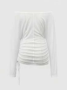 ROMWE Grunge Punk 朋克风交叉铆钉露肩女式韩流长袖T恤上衣 - 白色 - 查看 7