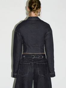 KIZN 复古牛仔拉链修身夹克长袖短款外套秋冬休闲叠穿 - 黑色 - 查看 2