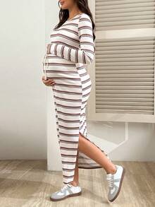 SHEIN 印花条纹休闲抽绳长袖孕妇连衣裙 - 白色 - 查看 3