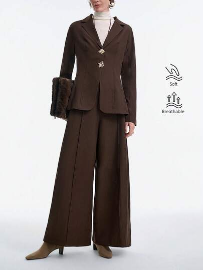 SHEIN Stylify Women's 2-Piece Suit, Herringbone Fabric, Lapel Collar, Metal Button Front, Raglan Sleeve, Waist Cinched A-Line Hem Split, Side Invisible Zipper, Pleated Waist Wide Leg Pants, Elegant Vintage French Office Commute Business Casual Streetwear, Autumn/Winter