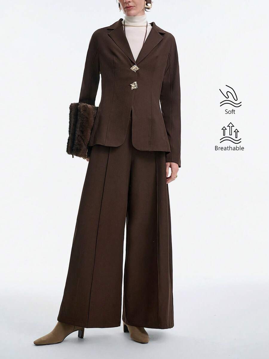 SHEIN Stylify Bộ đồ 2 mảnh dành cho nữ, vải xương cá, cổ ve áo, nút kim loại phía trước, tay áo raglan, gấu chữ A bó eo, khóa kéo ẩn bên hông, quần ống rộng xếp ly, trang phục công sở phong cách Pháp cổ điển thanh lịch, trang phục dạo phố, thu/đông