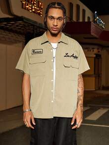 PAVTROS Áo sơ mi nam Manfinity Streetrush dáng rộng, thiết kế túi tiện dụng, áo sơ mi tay ngắn cài nút màu xanh, áo sơ mi thường ngày nhiều túi, thời trang đường phố - Màu Khaki - Xem 5