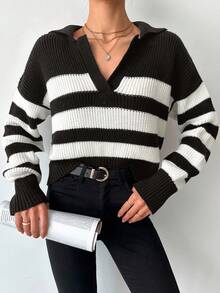 SHEIN Tall Striped Pattern Drop Shoulder Sweater, Tall Women - Coffee Brown - View 4